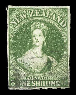 1- deep green, a large example with a fine line of roulettes at foot and good to large imperforate margins on the other three sides, lightly cancelled at foot leaving a clear
profile minor surface rub at foot, otherwise a presentable example of