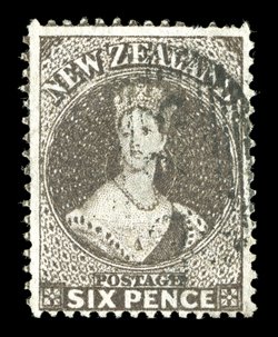 6d. black-brown, well-centered for this issue, good strong colour and lightly cancelled 023 at Dunstan one short perf. at top, otherwise very fine and most attractive. R.P.S.
Certificate (2007). Sc. 24a S.G. 93, £400. provenance: DuB