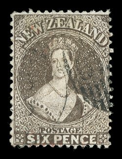 6d. black-brown showing Row 1710 re-entry, neatly and lightly cancelled with part Otago duplex and traces of a red cancellation fine and unusual. Sc. 24a S.G. 93, £400.
provenance: Gerald Ellott