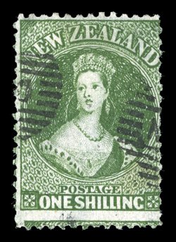 1- deep green, a well-centered example with two part oval of bars cancellations at left and at right leaving portrait clear light reduced ink mark at lower right though of
fine appearance. An attractive example of this rare stamp. B.P.A. Certif