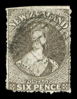 6d. black-brown, a well-centered example with perforations on three sides and imperforate at top, cancelled 1 at Auckland lower left corner a little rounded, otherwise sound
and presentable example of this very rare stamp of which very few exa