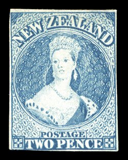 2d. dull deep blue, unused without gum, fresh bright color and with margins virtually all round with design just shaved at left base thin at top though of fine appearance. A
rare stamp. Sc. 26a S.G. 96, £3,250. provenance: Maurice Burru