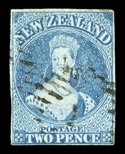 2d. dull deep blue, two slightly differing shades, one with small to good margins and cancelled 1 at Auckland, the other (right margin repaired) showing Row 811 re-entry and
neatly cancelled 7 at Wellington. R.P.S.N.Z. Certificate (1961) for