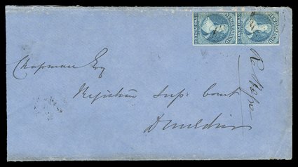 1863 (21 Aug.) envelope (223x94mm) from Invercargill to Dunedin, bearing 2d. dull deep blue vertical pair with clear to large margins and both very lightly cancelled, despatch
and arrival (25.8) c.d.s. on reverse the pair lifted for examination