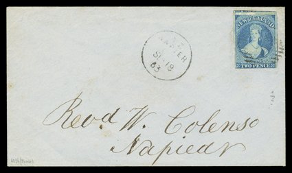 1863 (Sept.) envelope from the Colenso correspondence to Napier, bearing 2d. dull deep blue with clear to large margins showing portions of adjoining stamps at top and at
right, light indistinct cancellation and with arrival c.d.s. (18.9) tow