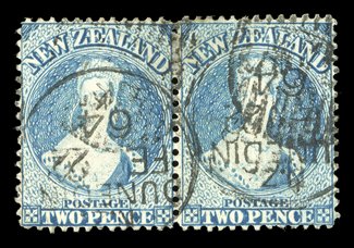 2d. dull deep blue, a horizontal pair cancelled with portions of two Dunedin duplex dated 22 February 1864 a fine and scarce multiple. R.P.S. Certificate (2000). Sc. 26 S.G.
96a, £950+. provenance: W.H. Silk, February 1944, C.W. Meredit