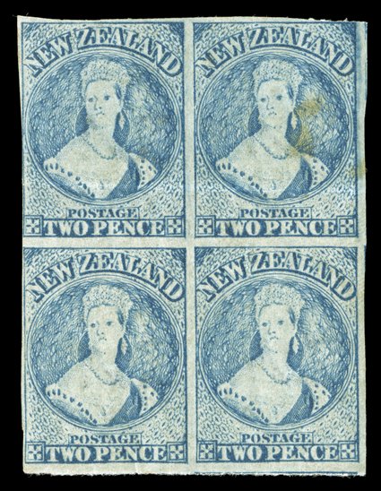 2d. pale blue (Plate I, worn), a block of four with large part original gum, pin-pricked with tiny black marks, just clear to very large margins all round and showing trace of
one adjoining stamp at foot the upper pair with a horizontal crease a