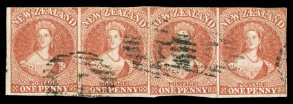 1d. carmine-vermilion, a horizontal strip of four with clear to very large margins vertically and at foot, touched or a little cut-into at top, cancelled 1 at Auckland
scissor-cut between the 3rd. and 4th. stamps, and the right-hand stamp with