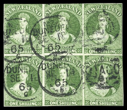 1- green, a block of six (3x2) with clear to large margins nearly all round and with marginal line watermark at left, cancelled with four impressions of the Dunedin OTAGO
duplex for 18 September 1865. A very rare and impressive multiple. Sc. 3