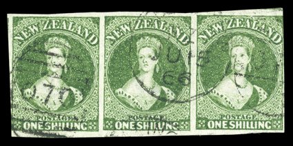 1- green, a horizontal strip of three with just clear to very large margins all round, twice cancelled with portions of the Wellington 070 duplex a scarce and attractive
multiple. Sc. 30 S.G. 100, £825.
