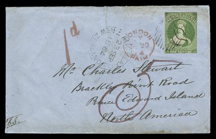 1864 (22 Sept.) blue envelope from Whitiangi (manuscript note on reverse), bearing 1- green (margins in places) cancelled with three manuscript lines and tied by indistinct
numeral obliterator, showing large manuscript 5, Auckland c.d.s. (23.9