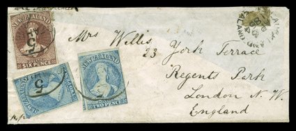1864 (6 Apr.) envelope from Otahuhu via Marseilles to London, bearing 2d. pale blue (Pale I, worn), both with clear to large margins nearly all round, and 6d. red-brown with
clear to large margins, each cancelled with oval-framed 5otah