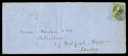 1869 (15 Dec.) envelope (218x92mm) from Picton to London, bearing 1- green with clear to very large margins nearly all round, neatly cancelled picton in circle of vertical
bars and showing despatch and Nelson (16.12) c.d.s. on reverse t