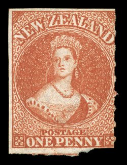 1d. carmine-vermilion showing roulettes at right and partially at foot, regular imperforate margins on the other two sides, unused without gum, good strong color faulty
separation at lower right corner, otherwise fine. A pleasing example of this