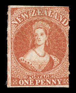 1d. carmine-vermilion showing roulettes on the vertical sides, clear to large imperforate margins at top and at foot some thinning at top though of good appearance. A very
rare stamp with manuscript Ferrari Col. in pencil on reverse. B.P.A. Ce