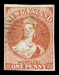 1d. carmine-vermilion with a complete row of roulettes inside design at left and set within good to large margins, lightly cancelled small thin towards top, otherwise sound
and an attractive example of this very rare stamp. B.P.A. Certificates (