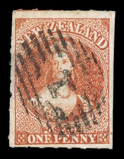 1d. carmine-vermilion with roulettes on three sides and imperforate at right giving a well-balanced appearance, clearly cancelled 1 at Auckland thin at left side though of
fine appearance for this rare stamp. R.P.S. Certificate (1945). Sc. 27a