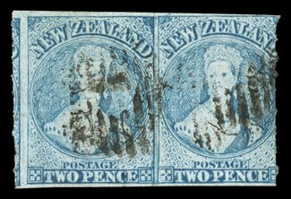 2d. pale blue (Plate I, worn), a horizontal pair with roulettes on the vertical sides, clear to large imperforate margins on the horizontal sides, indistinct cancellations,
fresh bright color and a rare multiple of elusive stamp. Sc. 28a S.G. 10
