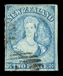 2d. pale blue (Plate I, worn) with roulettes at right and with traces or good to large imperforate margins elsewhere, two small part cancellations leaving clear portrait. An
attractive example. Sc. 28a S.G. 102, £750. provenance: H. Gord