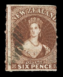 6d. red-brown with roulettes, or traces thereof, on three sides, good imperforate margin at top, lightly cancelled at left leaving nearly the entire portrait clear thinning at
lower right though of superb appearance. A very rare stamp. Sc. 29a
