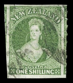 1- green, an enormous example showing portions of the adjoining stamps at left and at right, roulettes at right and with fine complete rows inside design at top and at left,
mainly lightly cancelled. An outstanding example of this scarce stamp.