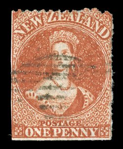 1d. carmine-vermilion with a single line of perforations at top, imperforate at left and at foot, and roughly separated at right, indistinct bars cancellation, good strong
color trace of a crease at foot, otherwise sound and a collectable exampl
