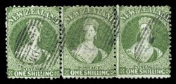 1- green horizontal strip of three, each lightly cancelled DUNEDIN in oval of bars perforations at top apparently improved though of fine appearance and a rare multiple.
Odenweller (2006) and R.P.S. (2007) Certificates, the latter stating re