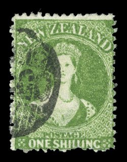 1- green, a bright yellow-green shade neatly cancelled at left with part OTAGO in bars leaving right side of portrait clear attractive. B.P.A. Certificate (1990). Sc. 30C S.G.
106, £500. provenance: Dale-Lichtenstein, May 1990