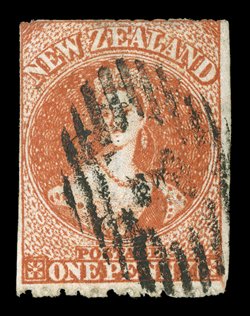 1d. carmine-vermilion, with a single line of perforations at top, just clear to large imperforate margins on the vertical sides and traces of the perforations at top, good
color and neatly cancelled 1 at Auckland. A sound and collectable exampl