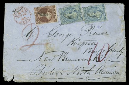 1865 (10 Mar.) envelope from Queenstown to Kingston, bearing 2d. pale blue (Plate 1, worn) (2) and 6d. red-brown, all placed sideways and lightly cancelled with indistinct
obliterator, showing manuscript 2 and 10, together with London Paid c.
