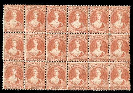 1d. carmine-vermilion, a comb perf. block of eighteen (6x3) illustrating the irregular alignment of the clichés on the plate and the misalignment of the comb perforations,
fresh bright color and with large part original gum a couple of light ton