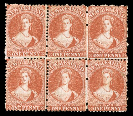 1d. carmine-vermilion, a comb perf. block of six (3x2) with part original gum the right-hand pair with a light vertical crease and the lower right stamp with a closed tear,
otherwise fresh and fine. R.P.S. Certificate (2007). Sc. 31 S.G. 110, £