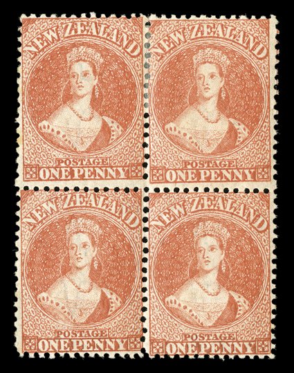 1d. carmine-vermilion, a comb perf. block of four with part original gum, fresh bright color the upper pair with a few severed perfs. and one stamp with a light crease at top,
otherwise fine. An attractive multiple. Sc. 31 S.G. 110, £800+.