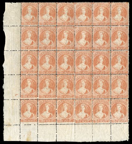 1d. orange-vermilion, a line perf. block of sixty, Rows 16-201-12, with full sheet margins and divided into equal blocks of thirty, Row 1710 showing re-entry and Row 201 with
plate flaw (diagonal line to left of portrait), large part original