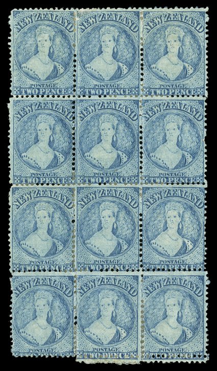 2d. pale blue (Plate I, worn), a comb perf. block of twelve (3x4) in a bright shade and with the right-hand pair in the lower row showing double perforations, unused with part
original gum some perforations reinforcement in places though a rare