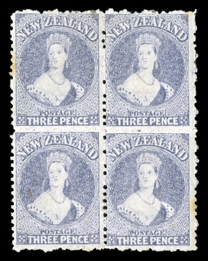 3d. lilac, a block of four with part original gum two small fox marks at left and at right, otherwise fresh and fine. Scarce. Sc. 33 S.G. 117, £520+.