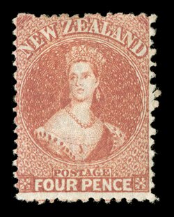 4d. deep rose, unused with part original gum, quite well-centered for this elusive stamp which is so often encountered off-center, good strong color tiny fault in lower right
corner, otherwise fresh and fine. Rare. Brandon Certificate (1996). Sc