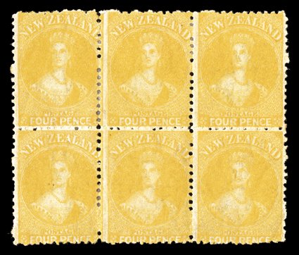 4d. yellow, a block of six (3x2) unused with part original gum, fresh bright color some perfs reinforced, a couple of gum bends and one with a tiny thin though an outstanding
multiple of this lovely stamp. Holcombe Opinion (1988), R.P.S. Certifi