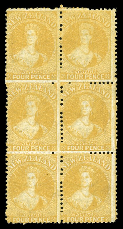 4d. yellow, a block of six (2x3) fresh unused without gum the right-hand vertical strip with a light vertical crease, barely affecting appearance. A rare multiple. Sc. 35 S.G.
120, £1,500+. provenance: Gerald Ellott
