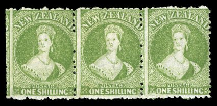 1- dull yellow-green, a horizontal strip of three with large part original gum, imperforate at left black specking on gum in places. A scarce and attractive multiple. Sc. 37a
group S.G. 125 group, £900+.