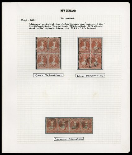 1d. collection (43) offering a variety of shades and comprising carmine vermilion comb and line perf. blocks of four with Christchurch and Invercargill duplex cancellations,
and a horizontal strip of four each cancelled 19, pale orange vermilio