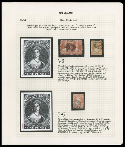 1d. selection of re-entries (14) in a variety of shades. comprising Row 58 (2, one in pair with Row 57), 59, 113 (3, one in pair with Row 114), 142 (3, two unused), 1710, 193
(3, one unused) and 201, variously cancelled and generally fin