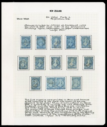 2d. selection illustrating a variety of shades, comprising Plate I, worn (17 with a pair, two showing Row 811 re-entry), Plate II (37 with two strips of three and a pair, five
with double perfs. and thirteen, including one strip of three and one