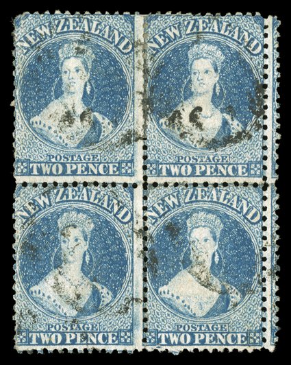 2d. Plate II, a block of four with a row of double perforations at right, mainly light indistinct cancellations a scarce multiple. Sc. 32 var. S.G. 115 var.