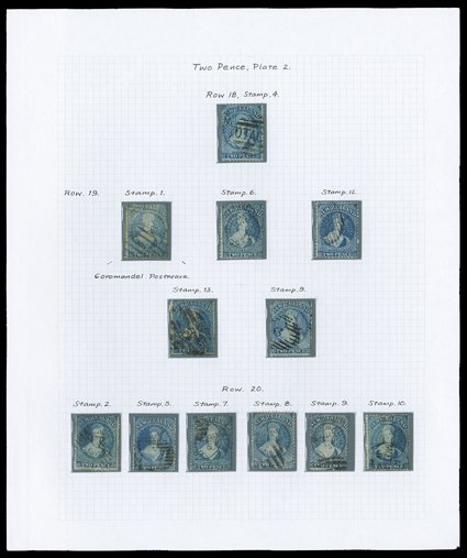 2d. blue Plate II retouches, a collection neatly mounted and written-up on two pages, comprising Row 146, Row 1610, Row 171, 172, 1710, Row 182, 183 (unused), 184, 186, 189,
Row 191, 196, 199, 1912, 1913, and Row 202, 205, 207,