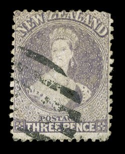 3d. brown-lilac, neatly cancelled with bars leaving face clear an attractive example of this rare early printing. Sc. 33d S.G. 116, £650.