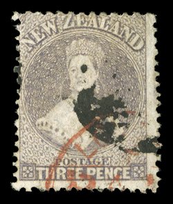 3d. brown-lilac, indistinct bars cancellations and with part London Paid c.d.s. in red sound. Rare. Sc. 33d S.G. 116, £650.