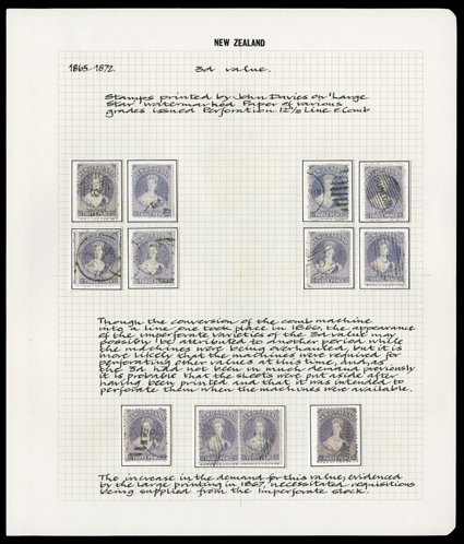 3d. lilac (17 with a pair), one with Row 211 re-entry, one partially imperforate at top of vertical sides and three imperforate, one of which shows plate flaw on head, and 3d.
deep mauve (8), one cancelled M in manuscript and three imperforate