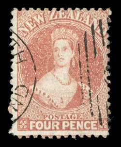 4d. deep rose, neatly cancelled at left and at right leaving almost entire portrait clear fine and most attractive. Sc. 34 S.G. 119, £250.