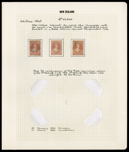 4d. deep rose (3), one cancelled at upper left corner leaving most of design clear, another additionally cancelled with small part red datestamp at foot, and 4d. yellow (10)
in a variety of shades, variously cancelled generally good to fine. Sc.